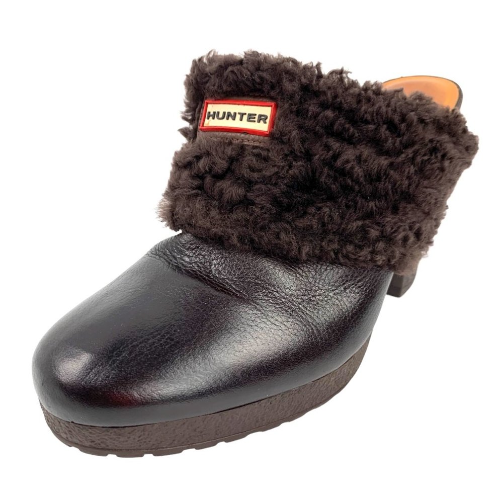 HUNTER Brunson Leather Brown Sheepskin Lined Mule Heels‎